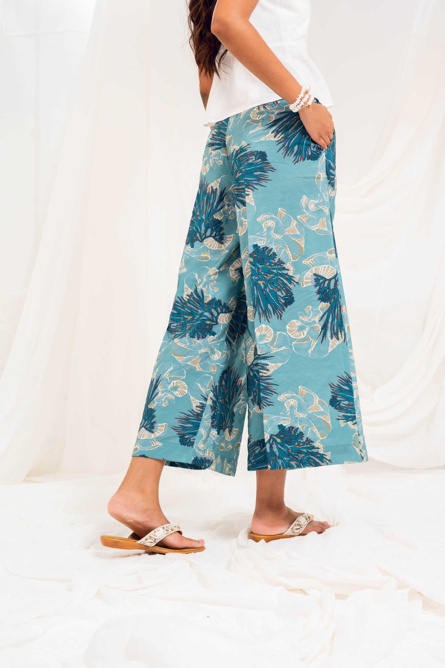 Cadet blue printed wide leg trousers