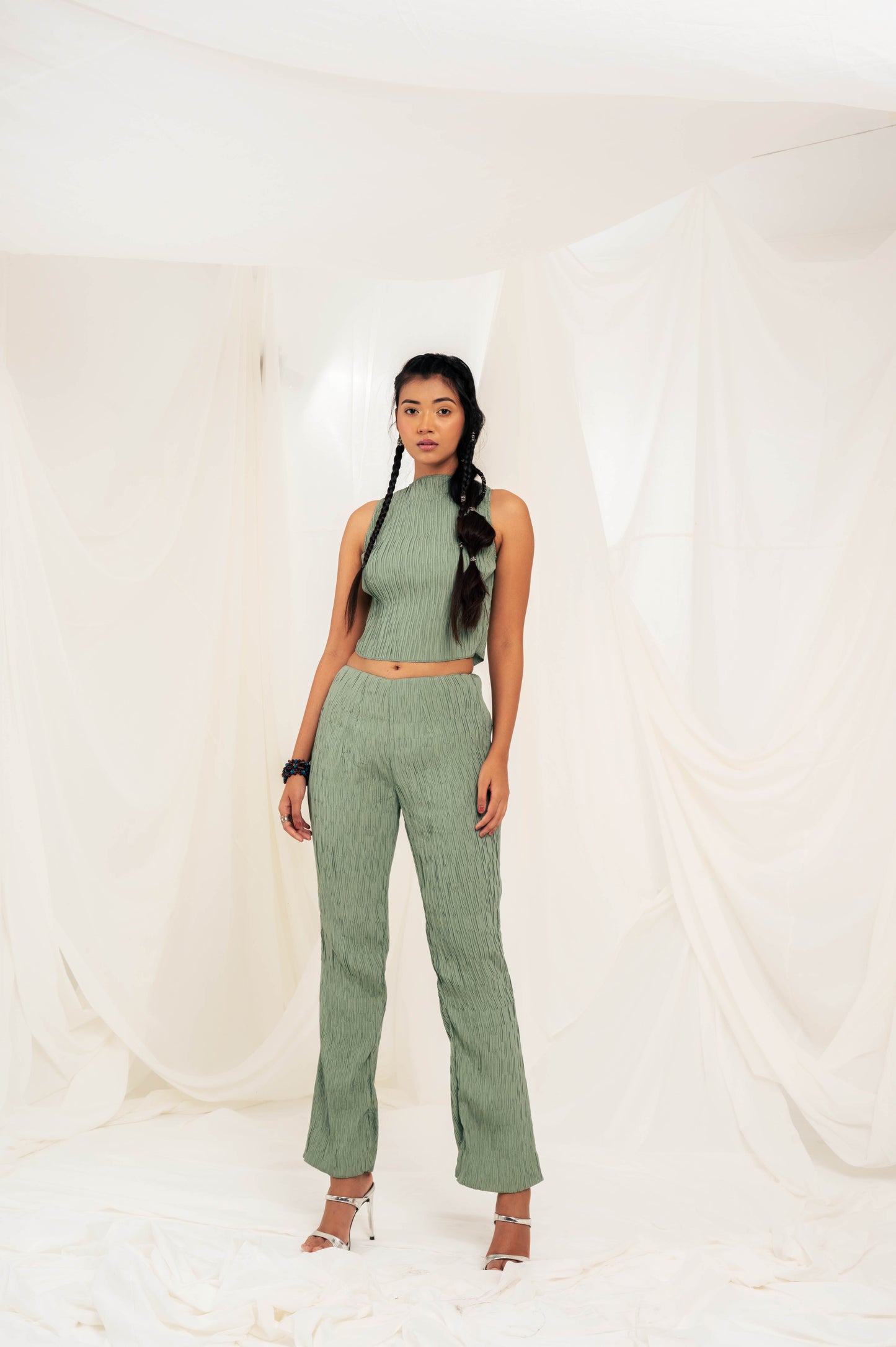 Sage green crinkle slim fit pants