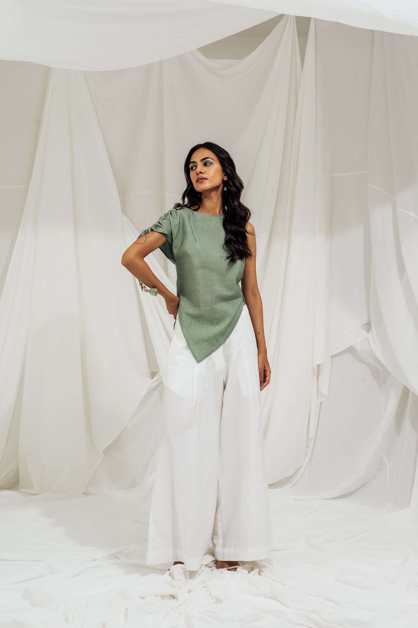 Sage green asymmetrical gather top