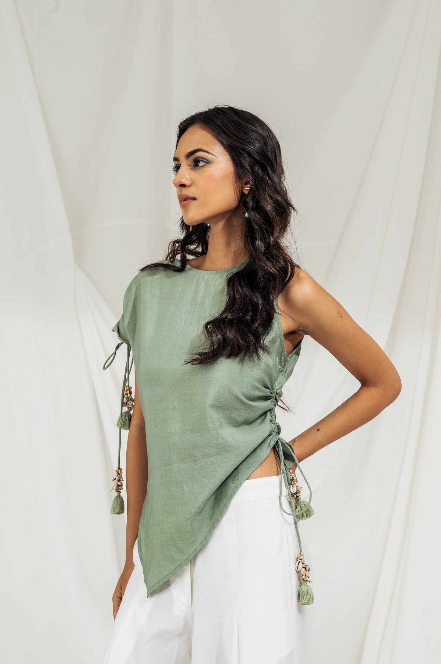 Sage green asymmetrical gather top