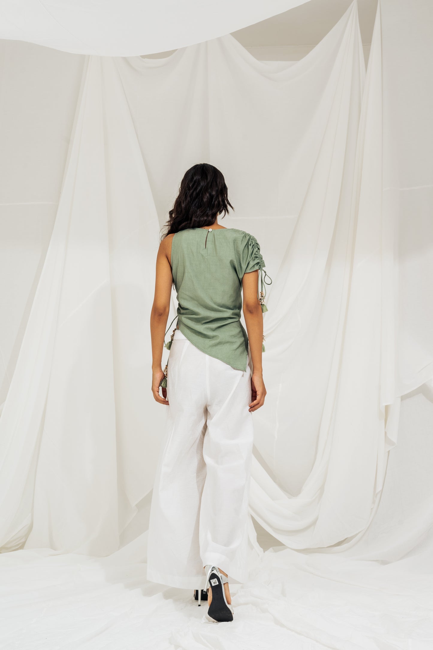 Sage green asymmetrical gather top