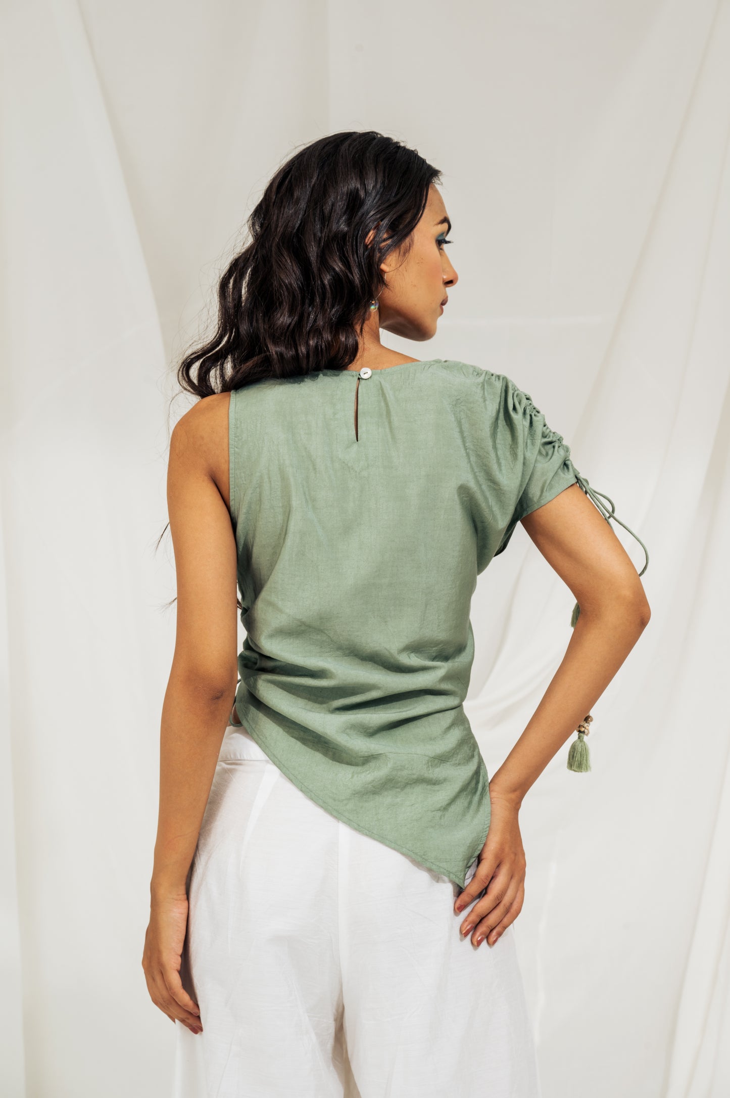 Sage green asymmetrical gather top